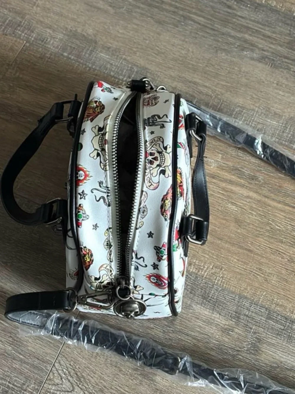 New with tags White Tattoo-Print Dome Satchel Handbag with Black Trim